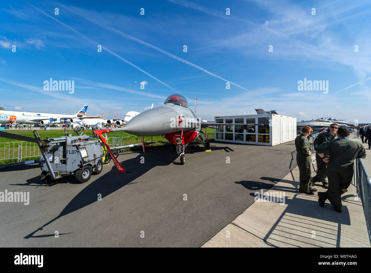 BERLIN - APRIL 27, 2018: Multirole fighter, air superiority fighter General Dynamics F-16 Fighting Falcon. US Air Force. Exhibition ILA Berlin Air Show 2018. Stock Photo