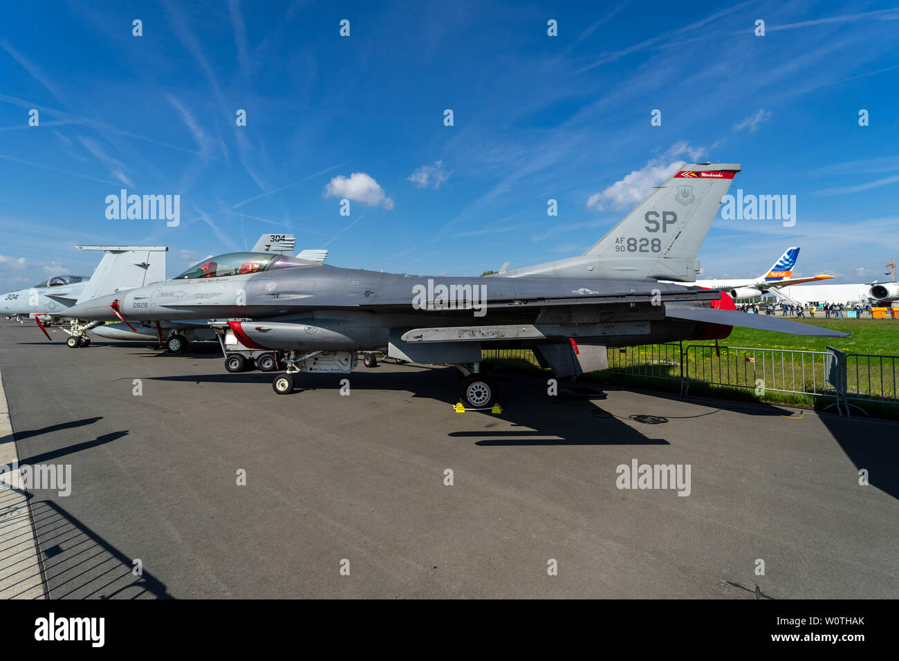 BERLIN - APRIL 27, 2018: Multirole fighter, air superiority fighter General Dynamics F-16 Fighting Falcon. US Air Force. Exhibition ILA Berlin Air Show 2018. Stock Photo