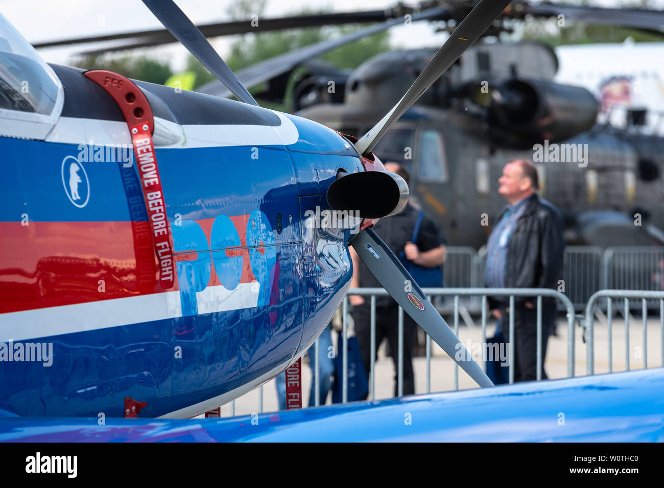 BERLIN - APRIL 27, 2018: Fragment of the advanced trainer aircraft Pilatus PC-9. Exhibition ILA Berlin Air Show 2018 Stock Photo