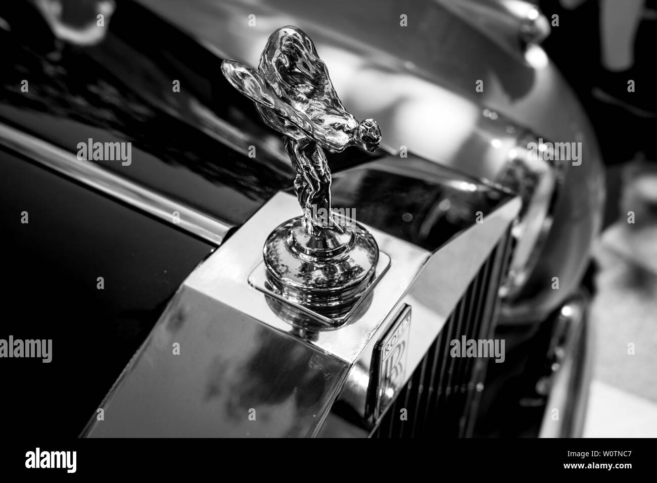 BERLIN - JUNE 09, 2018: The famous emblem 'Spirit of Ecstasy' on the Rolls-Royce luxury car. Black and white. Classic Days Berlin 2018. Stock Photo