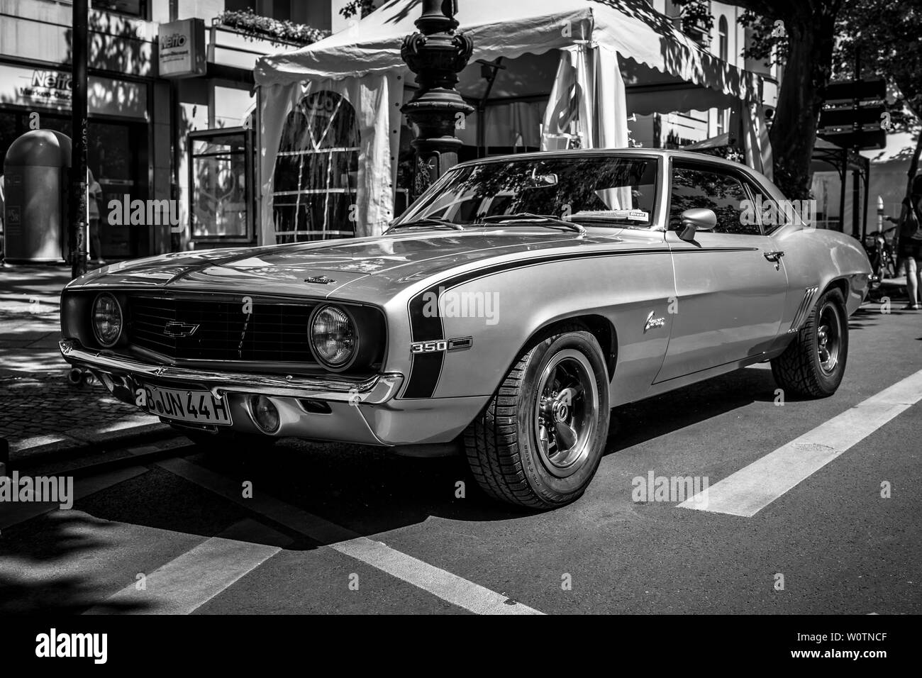 BERLIN - JUNE 09, 2018: Muscle car Chevrolet Camaro, 1969. Black and white.  Classic Days Berlin 2018 Stock Photo - Alamy