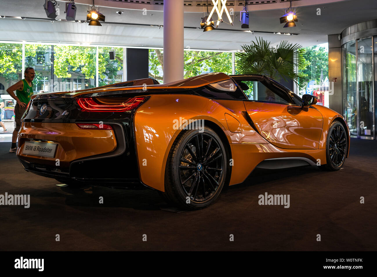 BERLIN - JUNE 09, 2018: Showroom. A plug-in hybrid sports car BMW i8 Roadster. Stock Photo