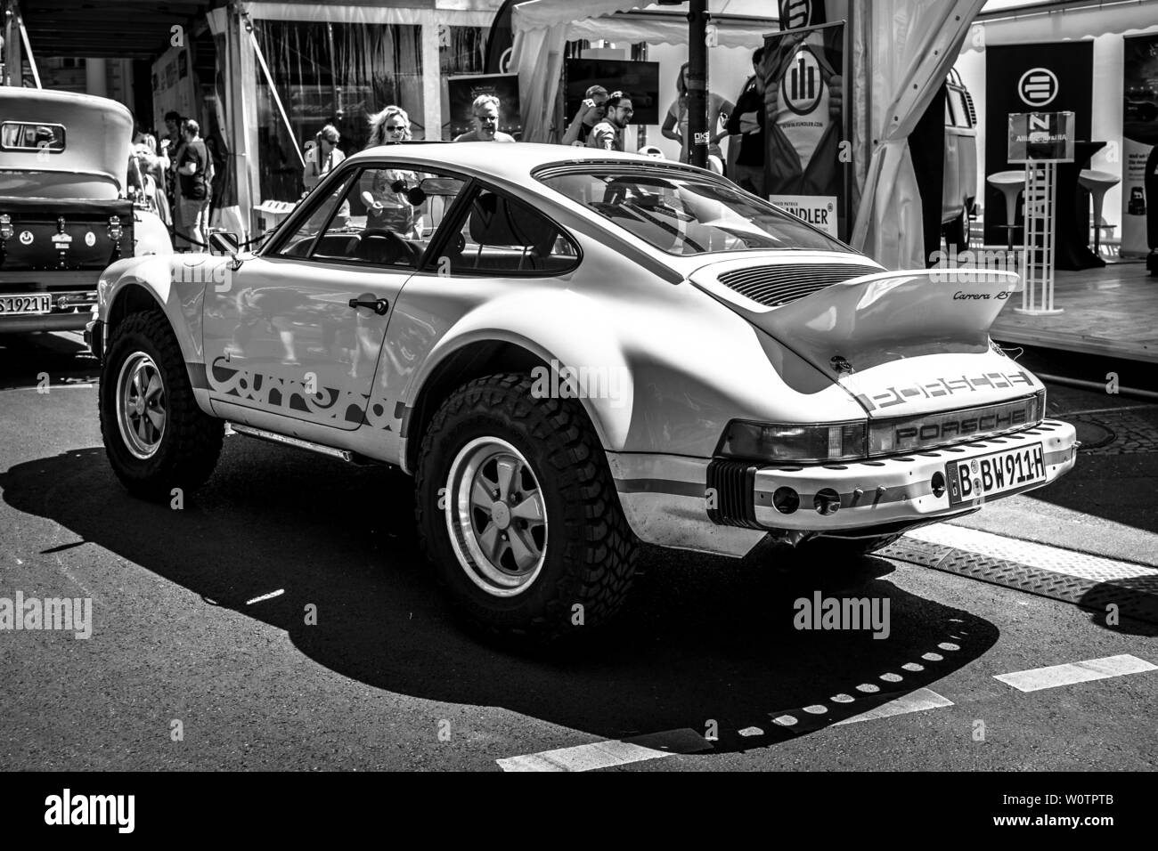 BERLIN - JUNE 09, 2018: Sports car Porsche 911 Carrera RS Rally. Rear view. Black and white. Classic Days Berlin 2018. Stock Photo