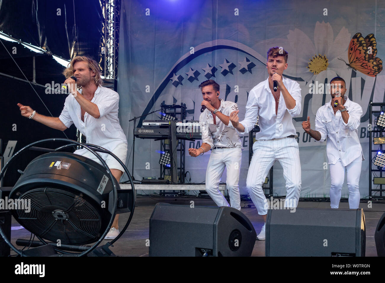 Feuerherz ( Boygroup ) at the biggest hit Open Air in Berlin, the Schlagerolymp 2018 is now rising for the seventh time in Berlin's leisure and recreation park Lübars. Stock Photo