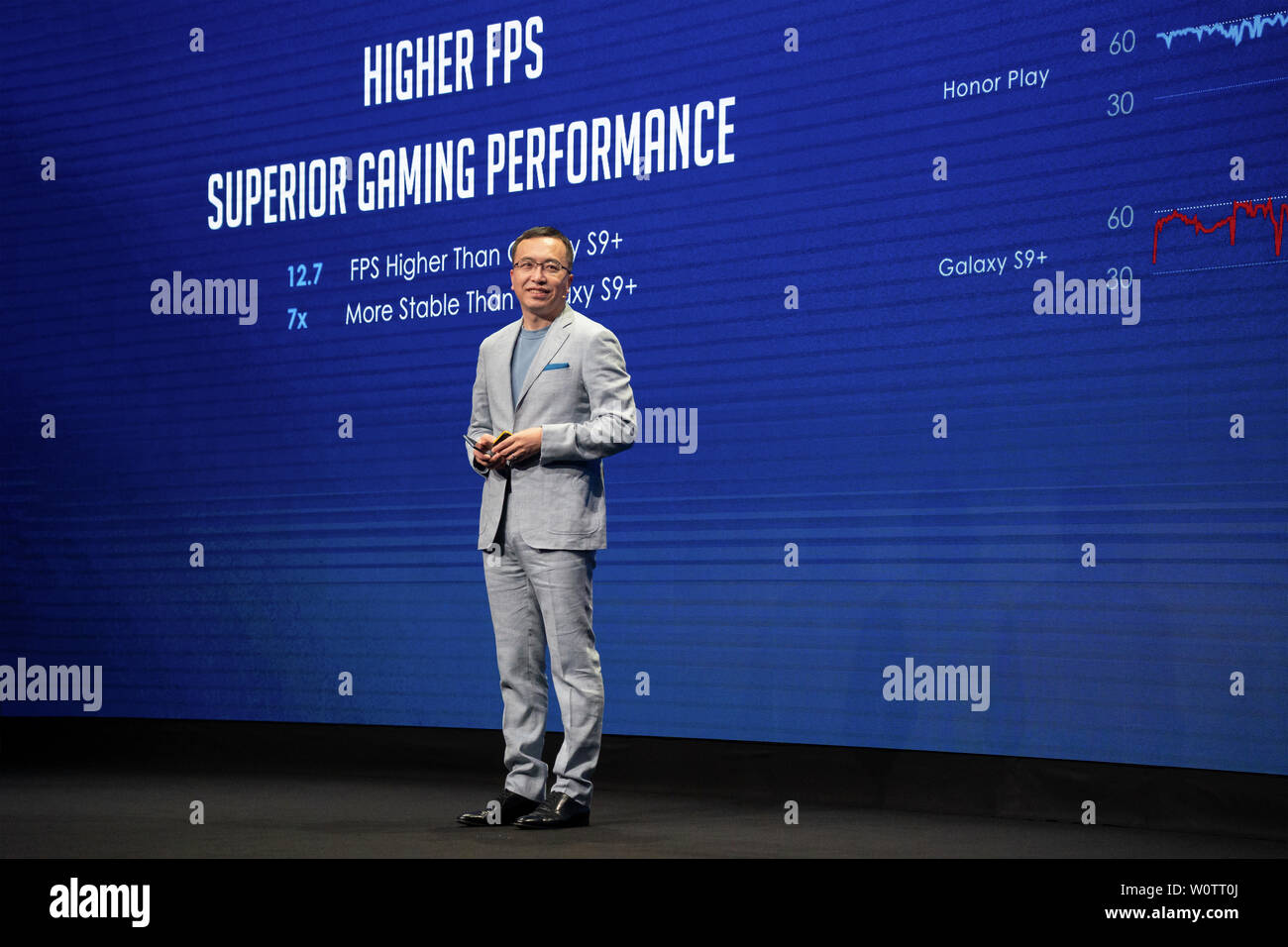 Today, George Zhao, President of Honor Global, officially launched the new gamer smartphone 'Honor Play' of the world's largest smartphone community and leading e-commerce brand in Germany at IFA's Launch at Rubin Ballroom, Andel's by Vienna House Berlin. Stock Photo