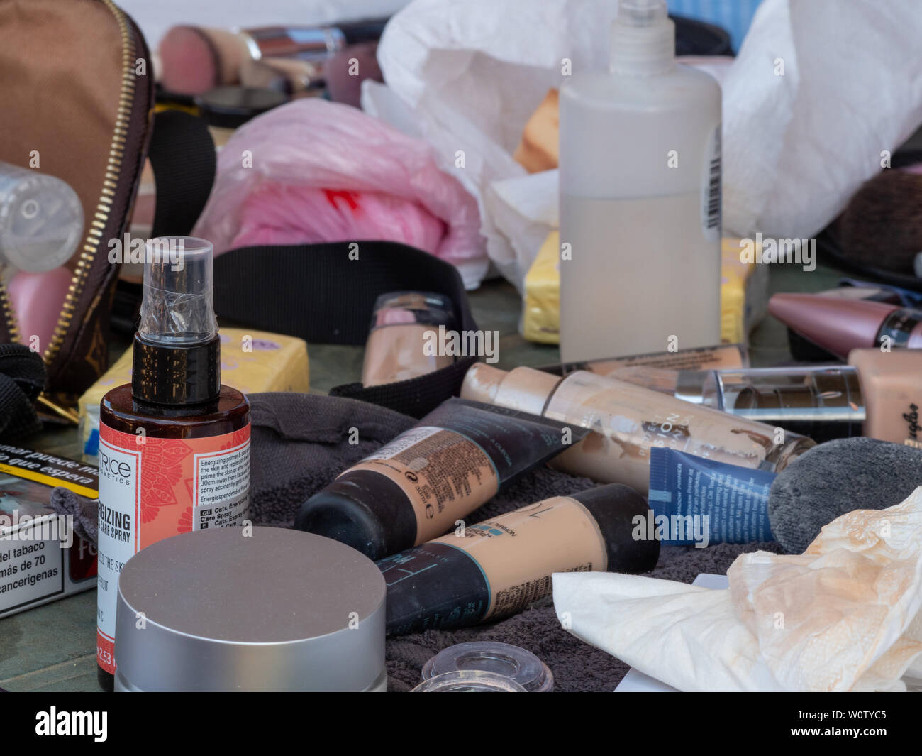 Ready-to-use make-up items on a table Stock Photo