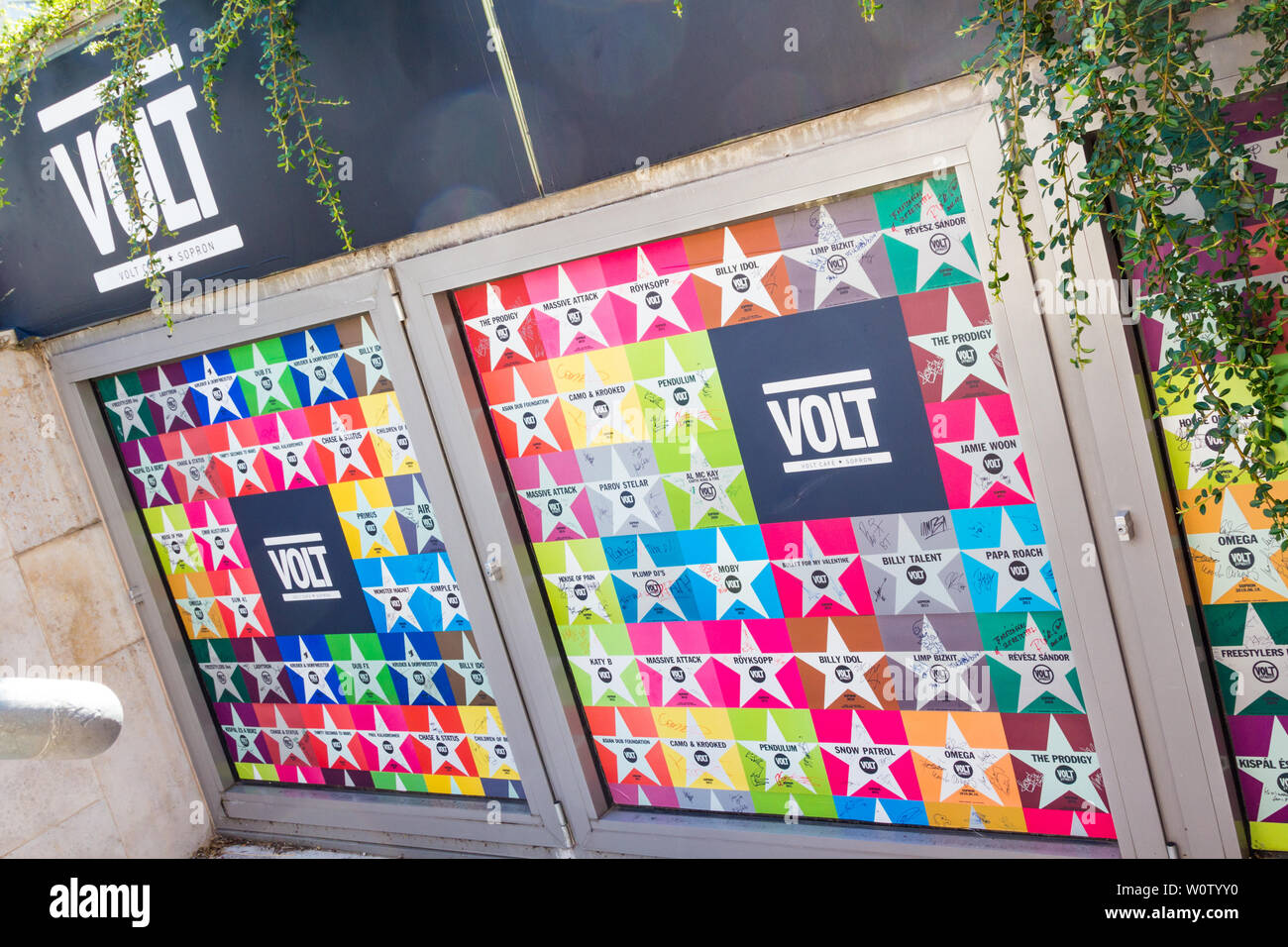 Volt Cafe city of stars wall with famous music groups in Sopron, Hungary Stock Photo