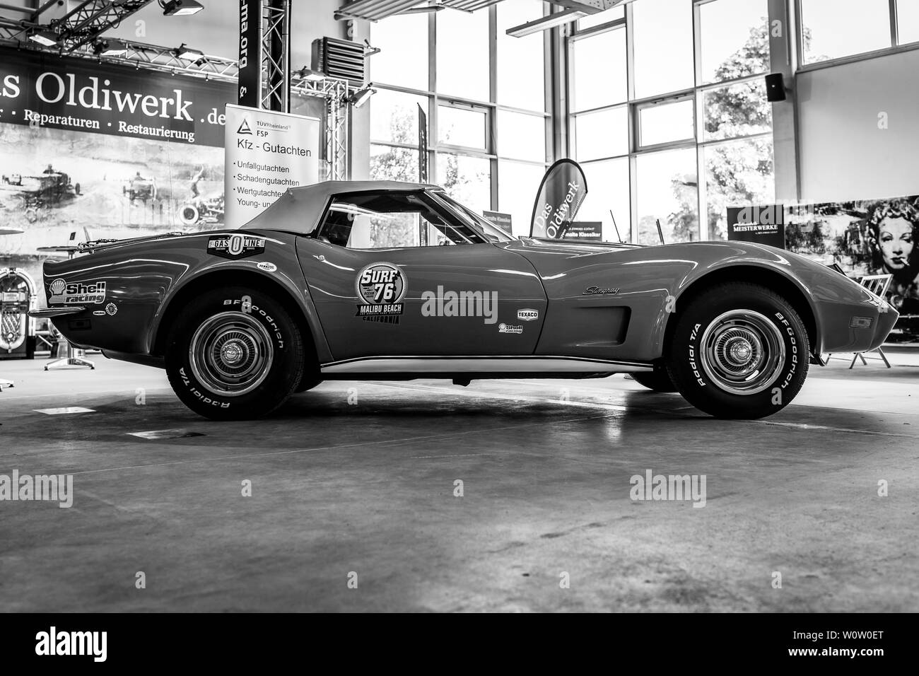 PAAREN IM GLIEN, GERMANY - MAY 19, 2018: The sports car Chevrolet Corvette Stingray (C3), 1973. Black and white. Die Oldtimer Show 2018. Stock Photo