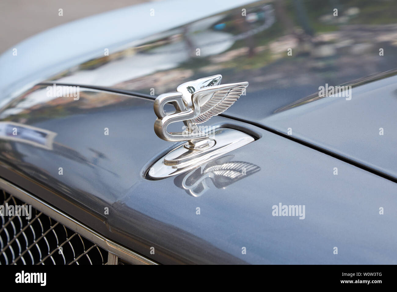 MONTE CARLO, MONACO - AUGUST 20, 2016: Bentley gray luxury car silver logo in a summer day in Monte Carlo, Monaco. Stock Photo