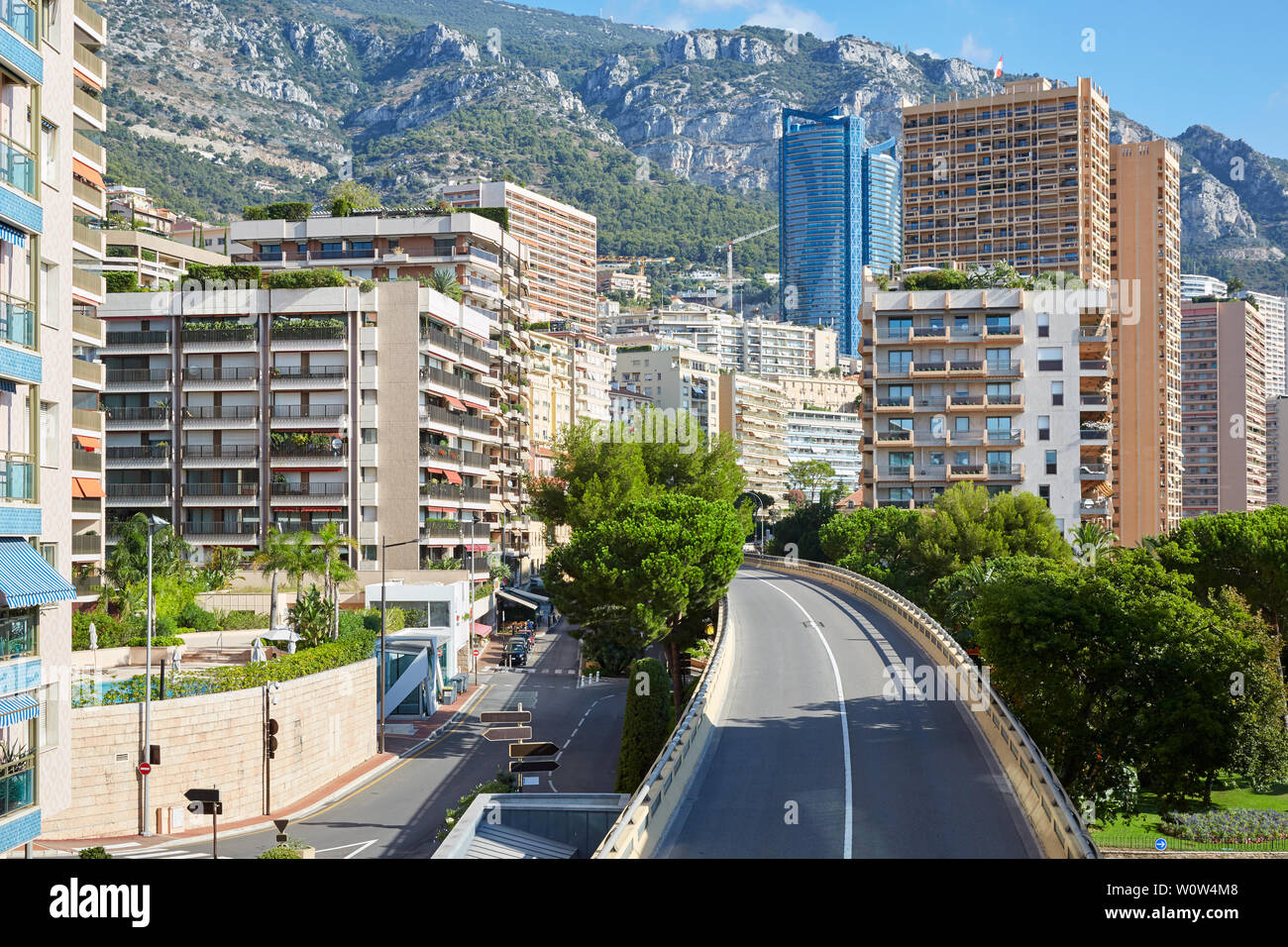 Monte Carlo empty flyover street and skyscrapers, nobody in the morning in a sunny summer day in Monaco Stock Photo