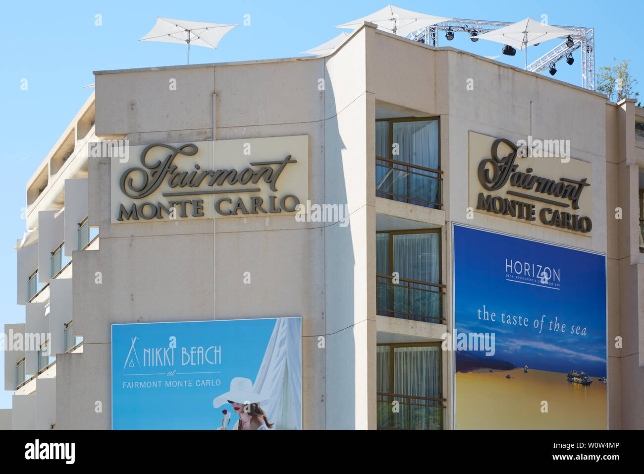 MONTE CARLO, MONACO - AUGUST 21, 2016: Fairmont luxury hotel building in a sunny summer day, clear blue sky in Monte Carlo, Monaco. Stock Photo