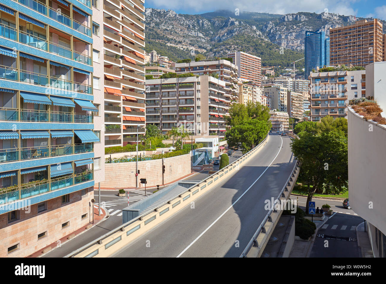 Monte Carlo flyover and luxury buildings and skyscrapers in a sunny summer day in Monte Carlo, Monaco. Stock Photo