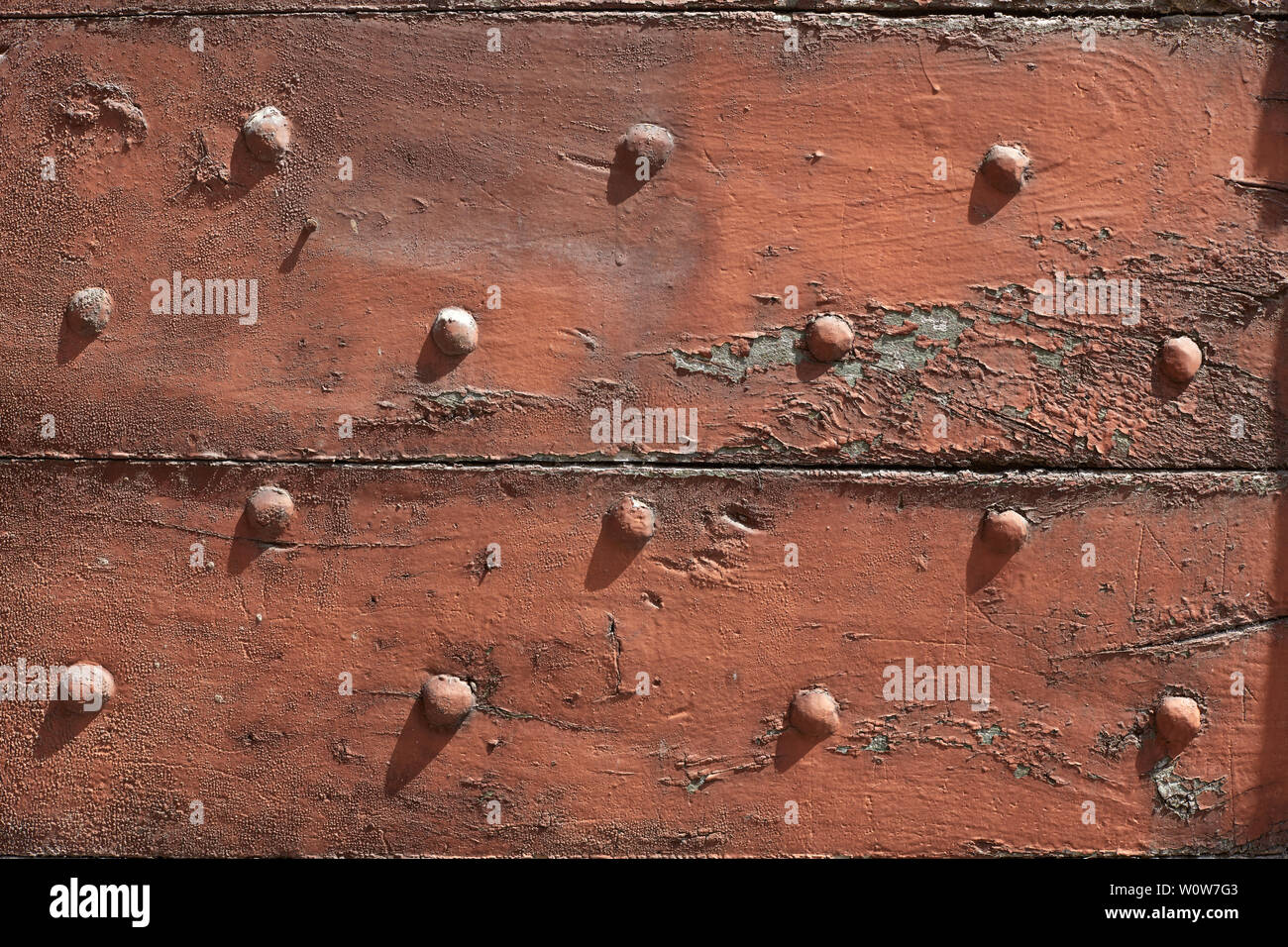 Old wooden, chipped door with nails texture background in sunlight Stock Photo