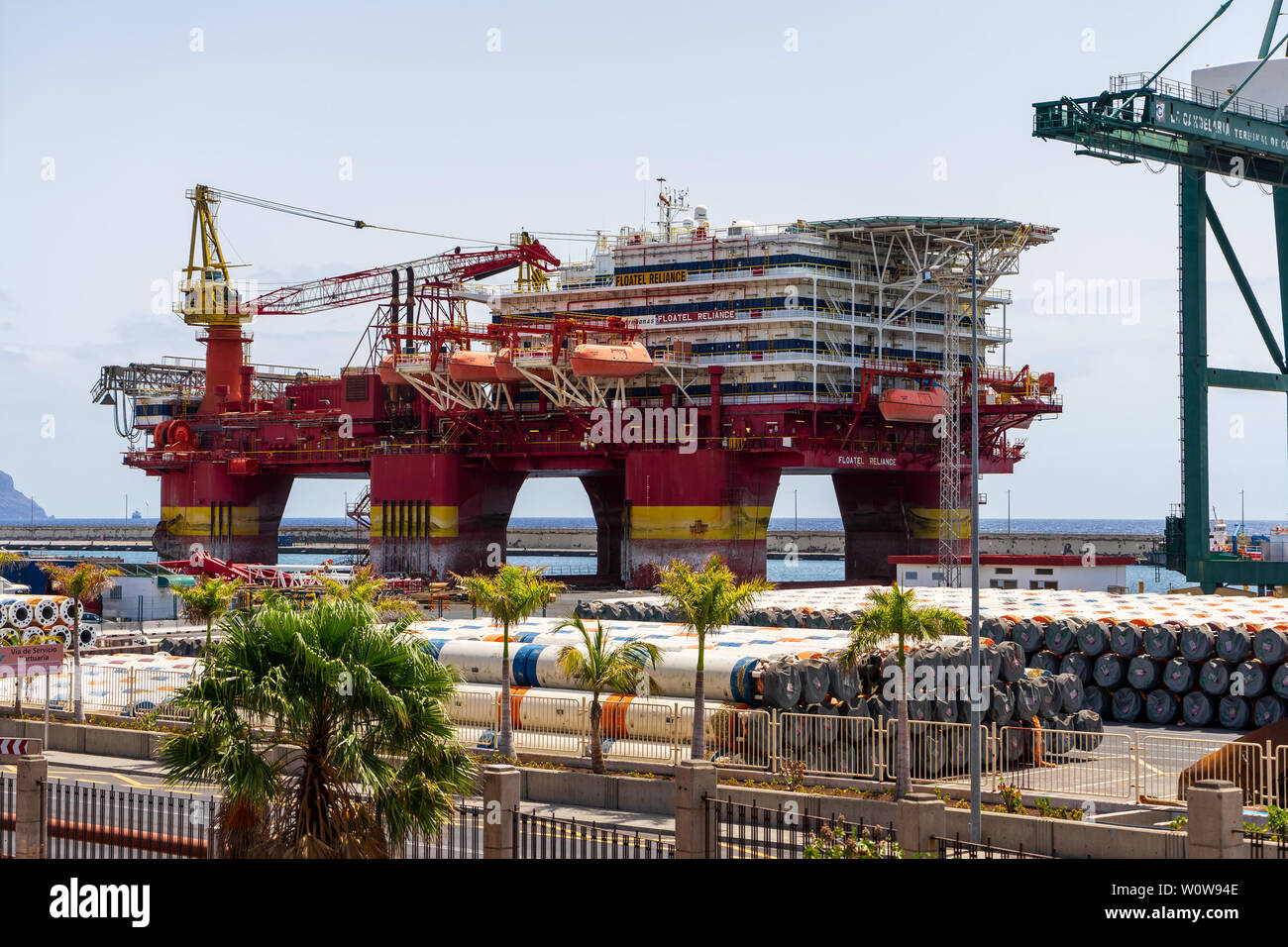 SANTA CRUZ, CANARY ISLANDS, SPAIN - JULY 28, 2018: Platform Floatel Reliance in the seaport. Floatel Reliance is a semi-submersible accommodation and construction support vessel. Stock Photo