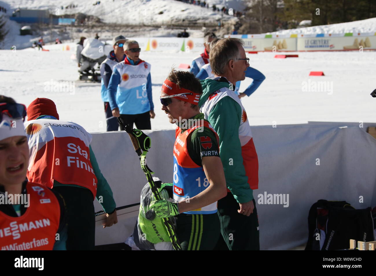 Fix und fertig nach dem Rennen: Fabian Riessle (SZ Breitnau /Deutschland) nach dem Einzel Nordische Kombination, FIS Nordische Ski-WM 2019 in Seefeld Stock Photo