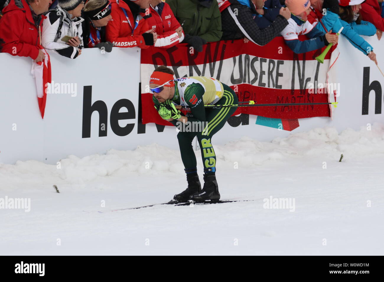Fabian Riessle (SZ Breitnau /Deutschland) in der Abfahrt bei der Team Nordische Kombination, FIS Nordische Ski-WM 2019 in Seefeld Stock Photo