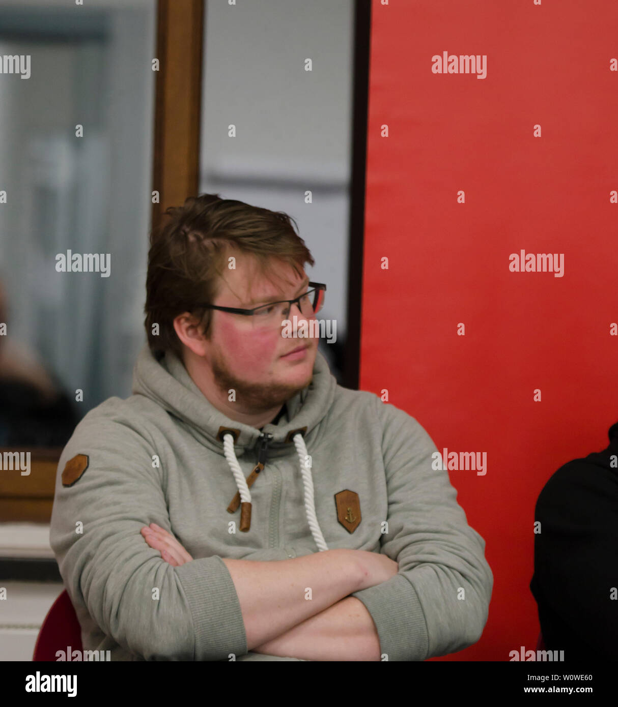 Michel Brandt (i.B.l.), actor, politician (Die Linke und Abgeordneten im  Deutschen Bundestag), speaks on 16.03.2019 in Flensburg at an event of the  party Die Linke Stock Photo - Alamy