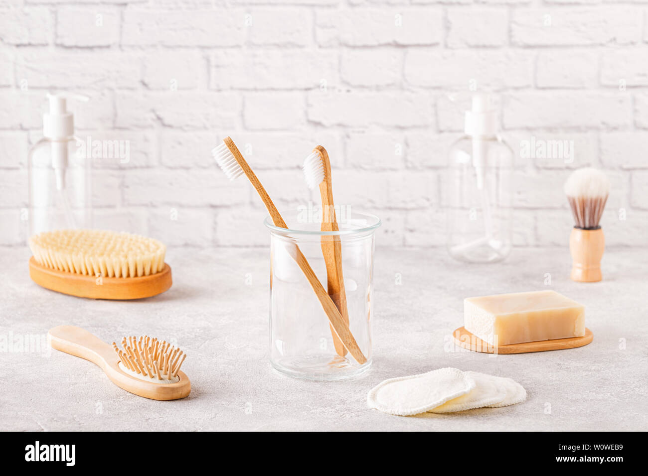 Set of ecofriendly bathroom accessories. Zero waste concept Stock