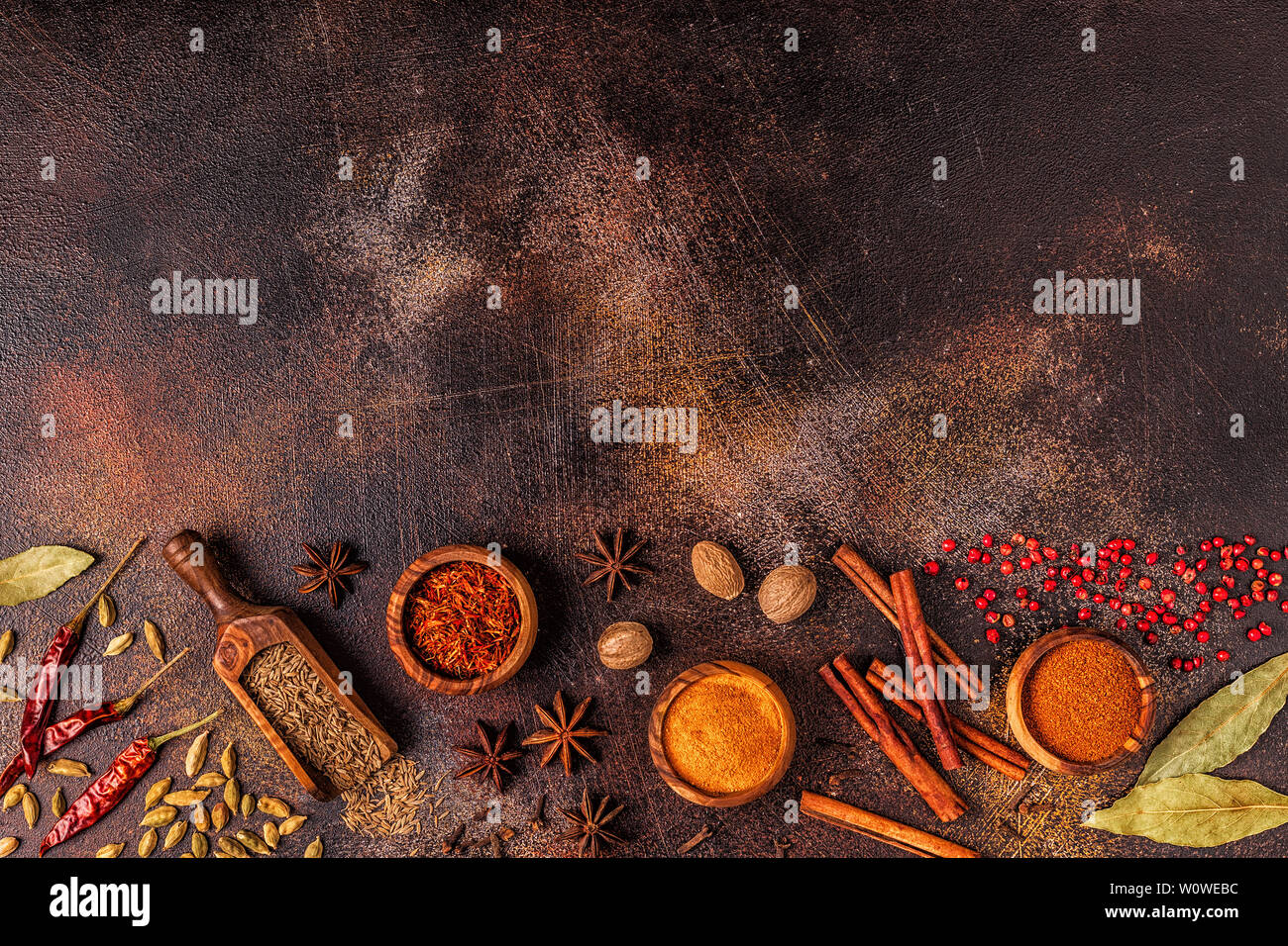 Spices ingredients for cooking. Spices concept. Top view. Stock Photo