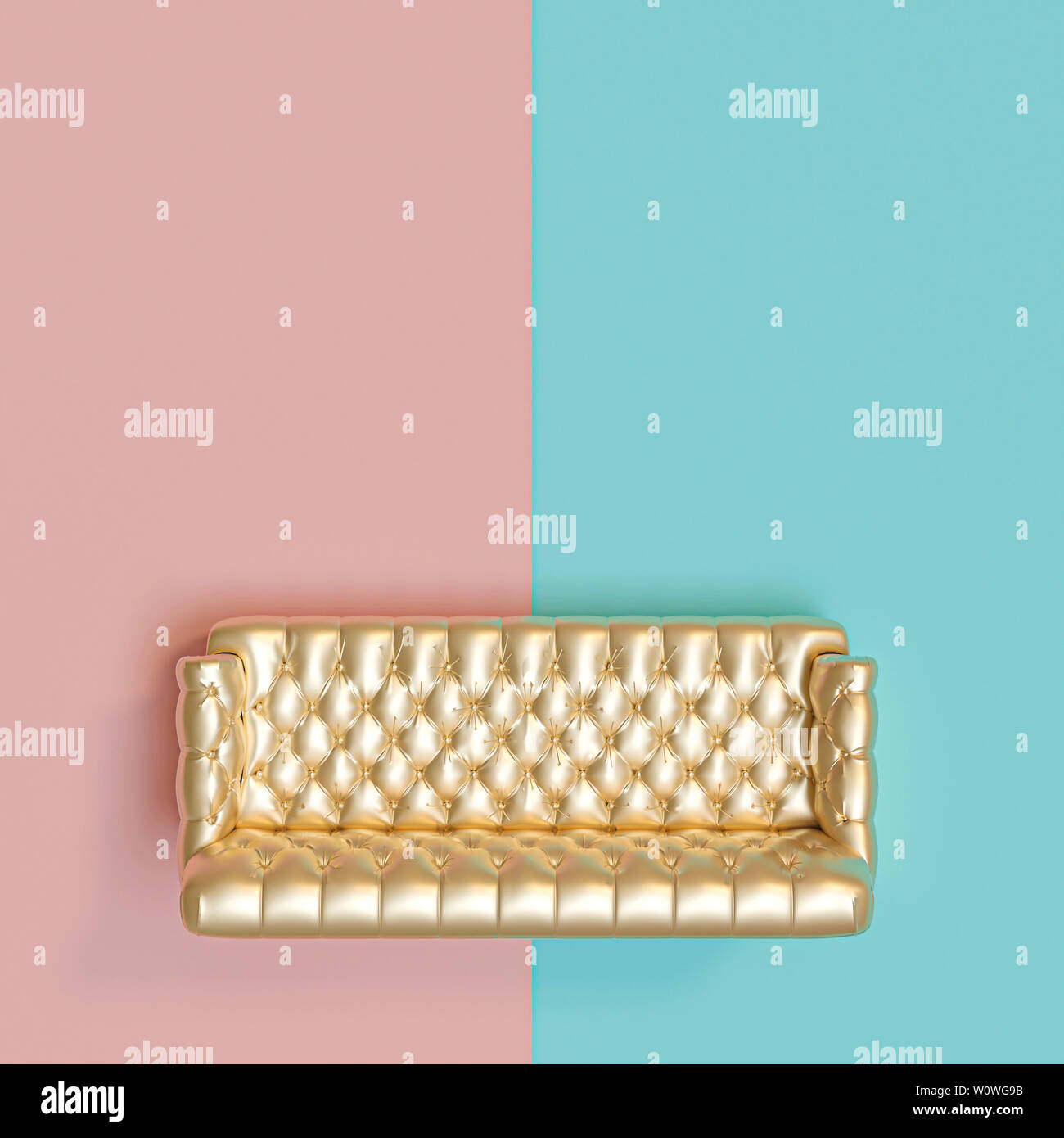 view from the other of a gold-colored tufted sofa on a blue and pink background. 3d image in flat lay render style. Stock Photo
