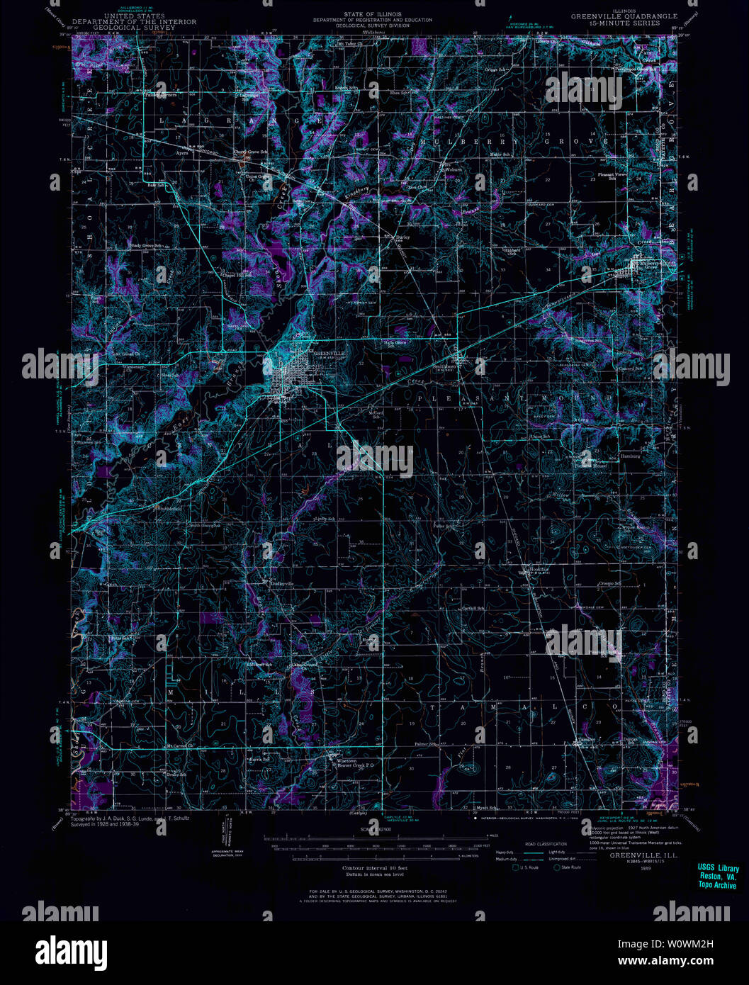 USGS TOPO Map Illinois IL Greenville 309533 1939 62500 Inverted Restoration Stock Photo