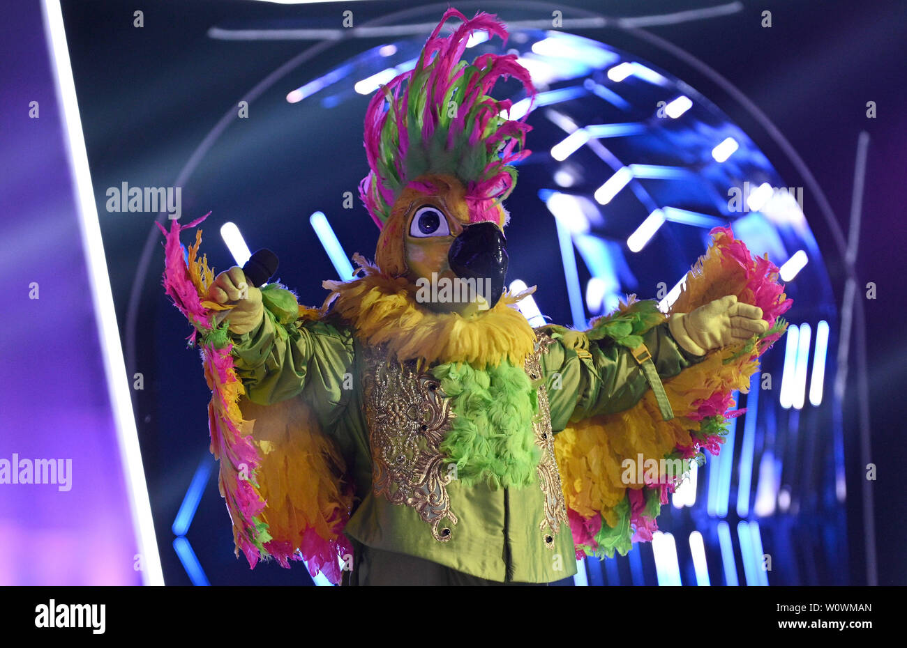 Cologne, Germany. 27th June, 2019. The "Kakadu", a masked participant of  the new ProSieben show "The Masked Singer", is on stage. Credit: Henning  Kaiser/dpa/Alamy Live News Stock Photo - Alamy