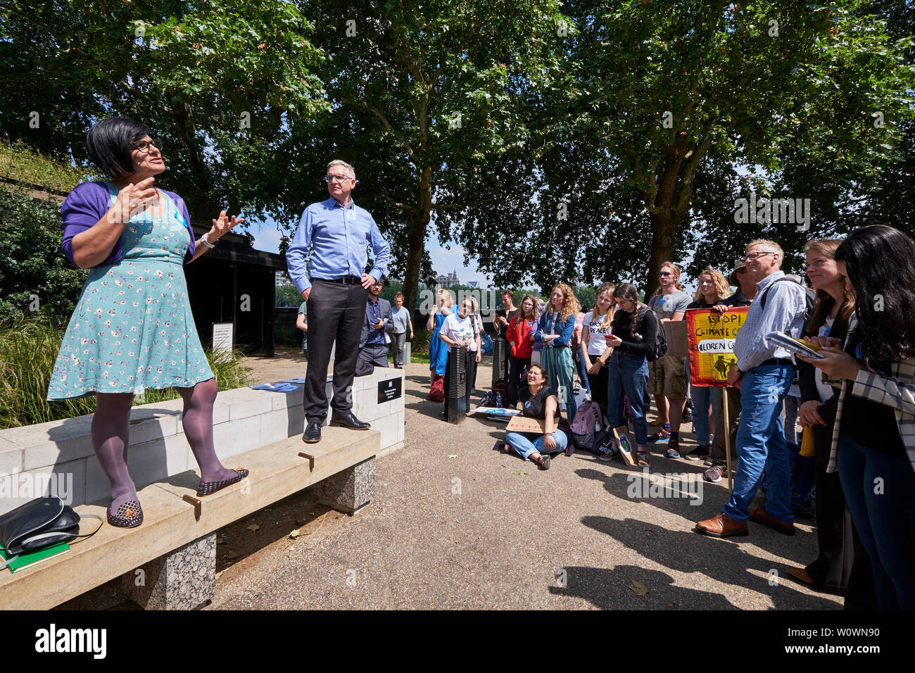 Global Strike For Climate Lobby June 2019 - Bristol MP Thangam Debbonaire answers questions from the public on climate change, aviation and labour's stance on Brexit, Houses of Parliament near Black Rod's Garden and Palace of Westminster Stock Photo