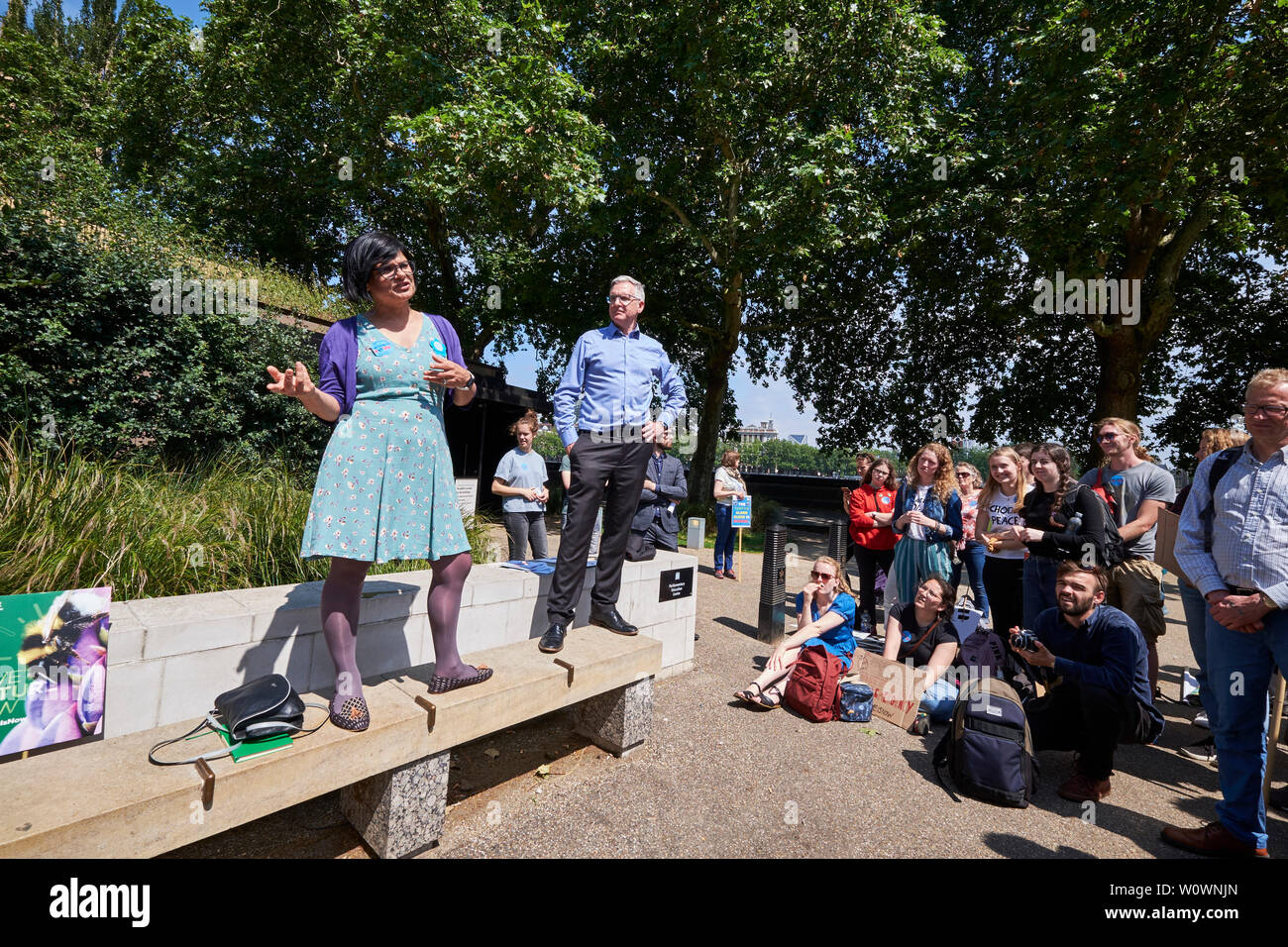 Global Strike For Climate Lobby June 2019 - Bristol MP Thangam Debbonaire answers questions from the public on climate change, aviation and labour's stance on Brexit, Houses of Parliament near Black Rod's Garden and Palace of Westminster Stock Photo