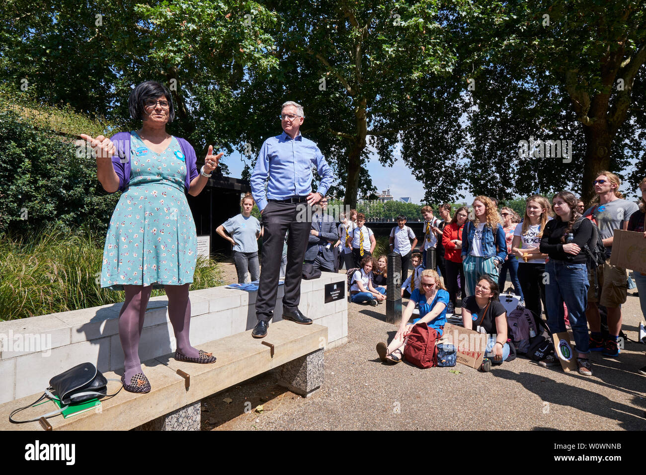 Global Strike For Climate Lobby June 2019 - Bristol MP Thangam Debbonaire answers questions from the public on climate change, aviation and labour's stance on Brexit, Houses of Parliament near Black Rod's Garden and Palace of Westminster Stock Photo