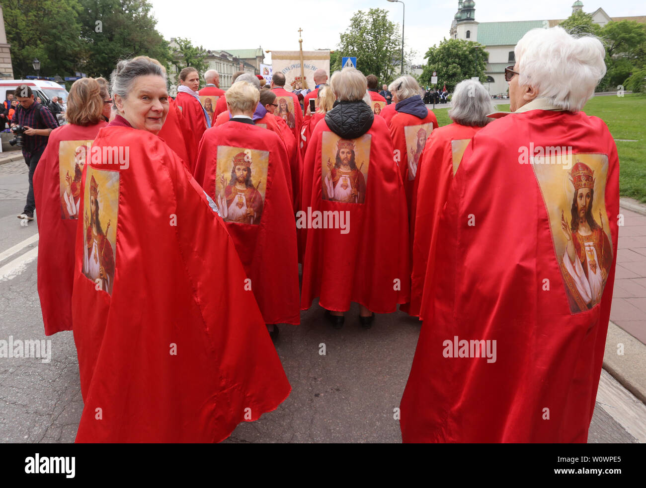 Krakow. Cracow. Poland. St. Stanislaw procession from Wawel Royal Castle to Skalka Church. Members of the Jesus the King of Poland brotherhood. Stock Photo
