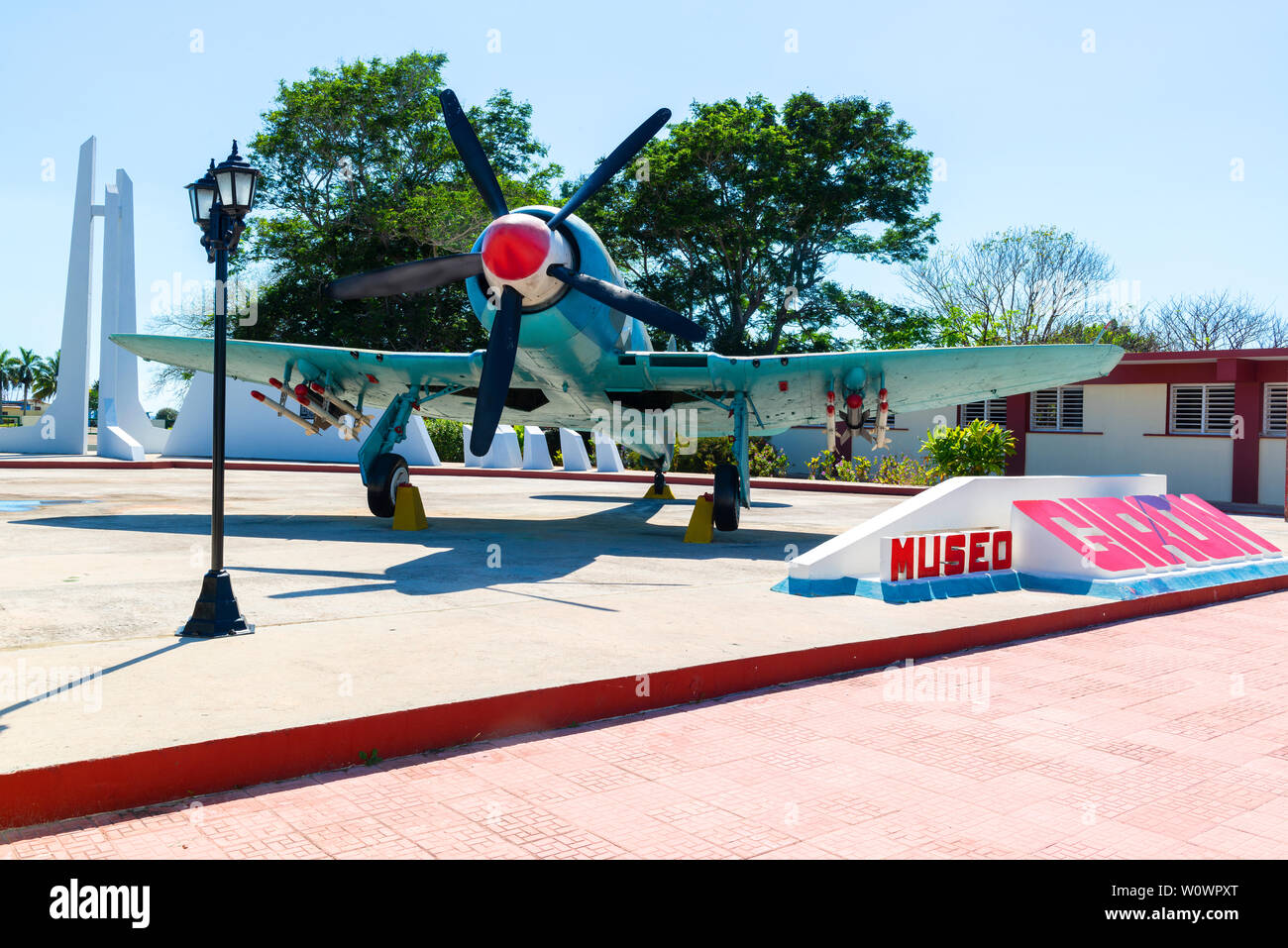 Hawker Sea Fury (British fighter aircraft)  parked at the entrance to the Museo de Playa Giron or Bay of Pigs Museum, Playa Giron, Cuba Stock Photo