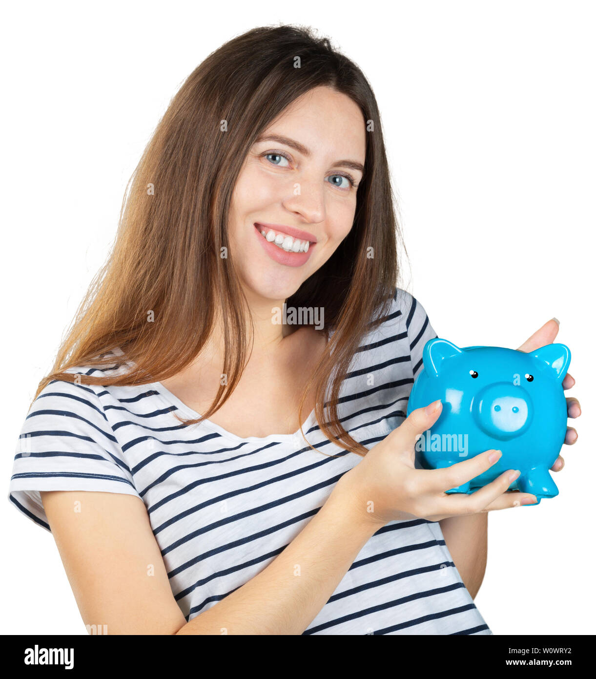 Woman with a piggy bank. Isolated over white background Stock Photo - Alamy