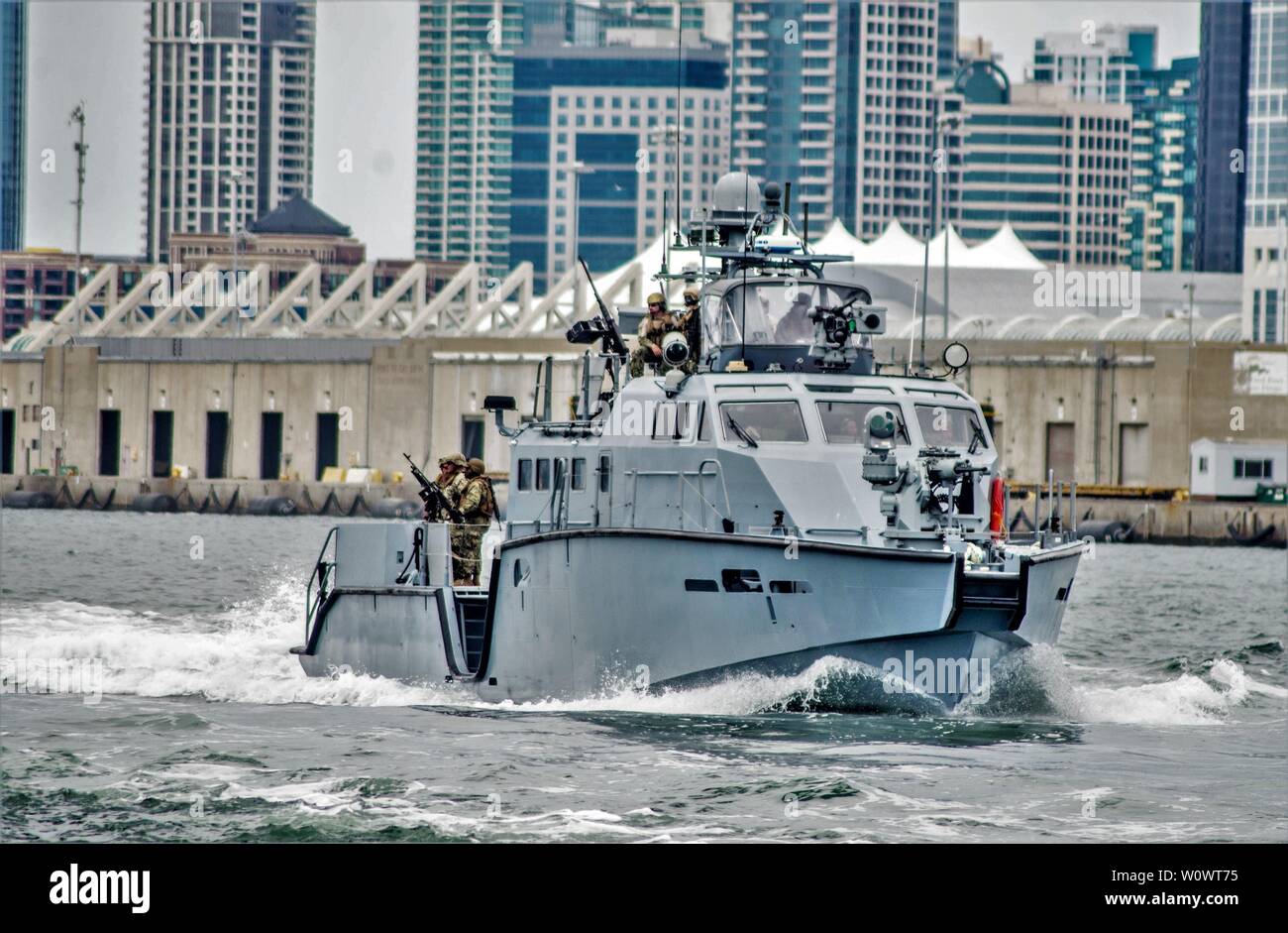 190620-N-NT795-127 SAN DIEGO (June 20, 2019) Sailors assigned to Coastal Riverine Squadron (CRS) 3, are underway aboard a MKVI patrol boat during unit level training provided by Coastal Riverine Group (CRG) 1 Training and Evaluation Unit. The Coastal Riverine Force provides a core capability to defend designated high value assets throughout the green and blue-water environment and provides deployable Adaptive Force Packages (AFP) worldwide in an integrated, joint and combined theater of operations. (U.S. Navy photo by Chief Boatswain’s Mate Nelson Doromal Jr) Stock Photo