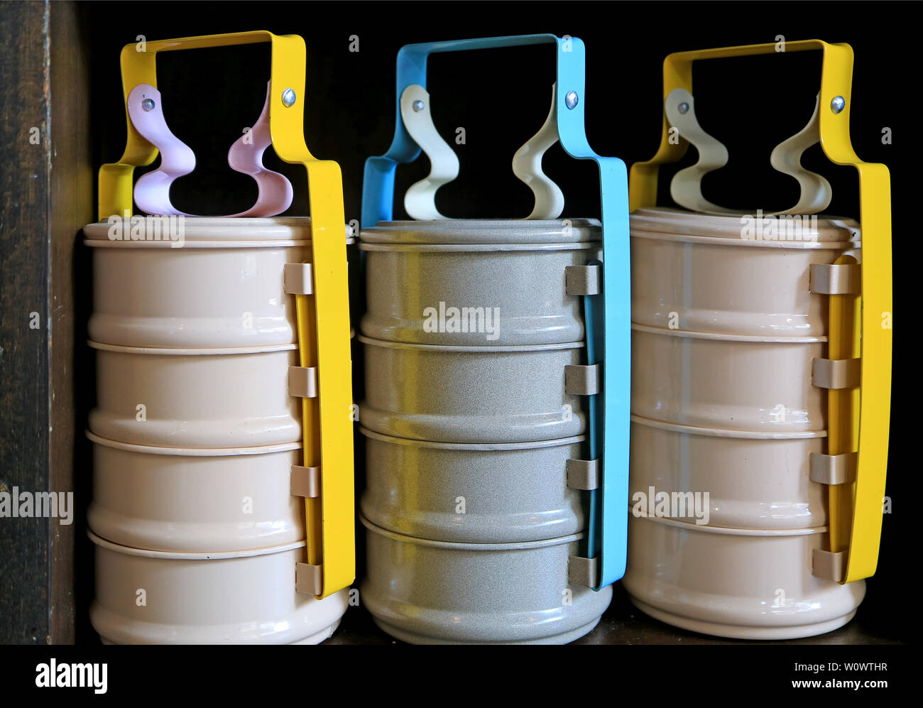 Pastel color retro style portable food containers or Pinto in Thai Stock Photo