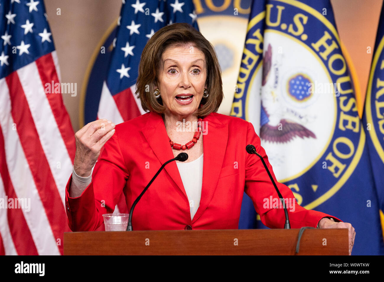 Washington, United States. 27th June, 2019. House Speaker Nancy Pelosi (D-CA) speaking at her weekly press conference at the US Capitol in Washington, DC. Credit: SOPA Images Limited/Alamy Live News Stock Photo