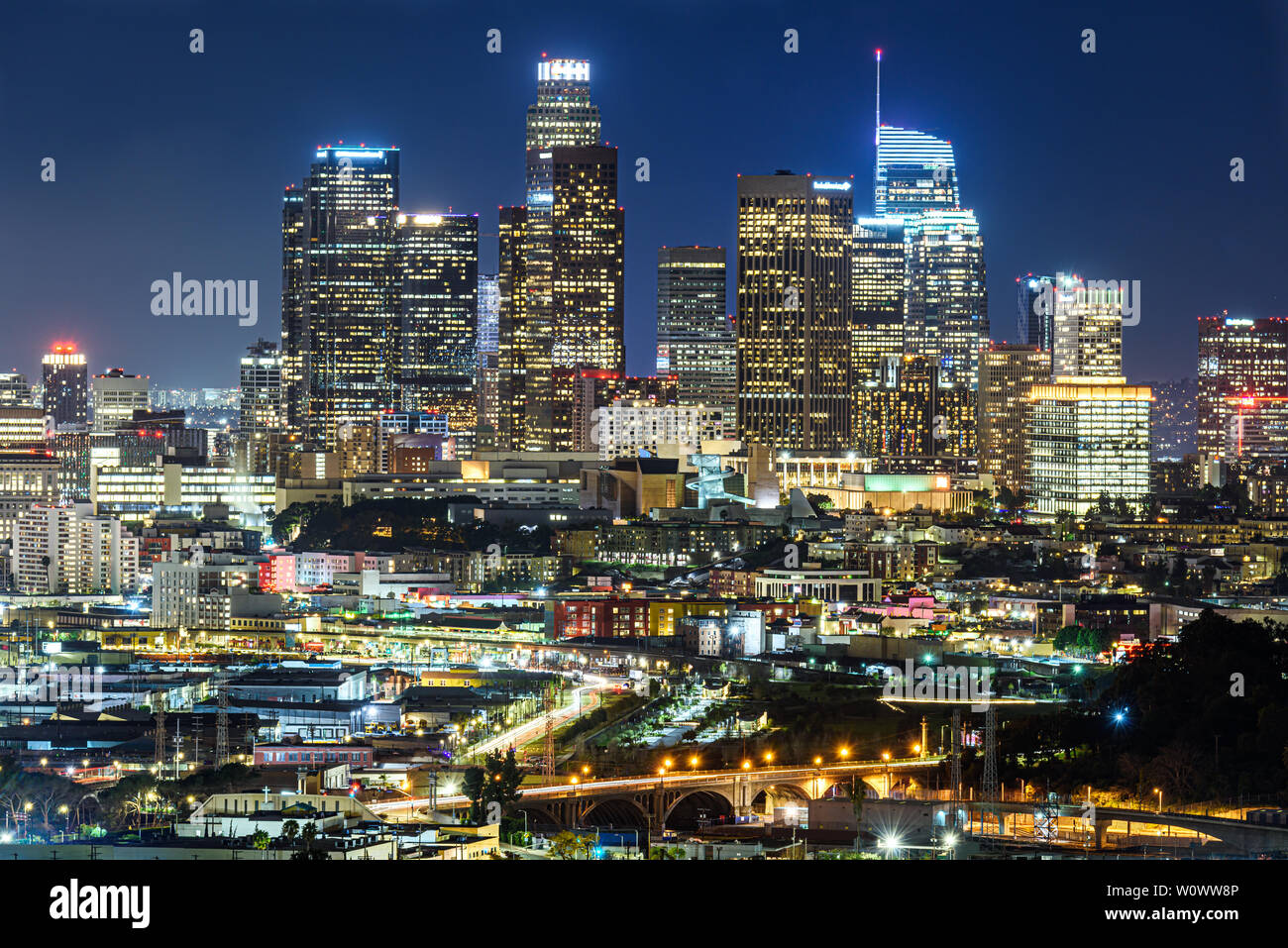 Downtown Los Angeles skyline at night Stock Photo