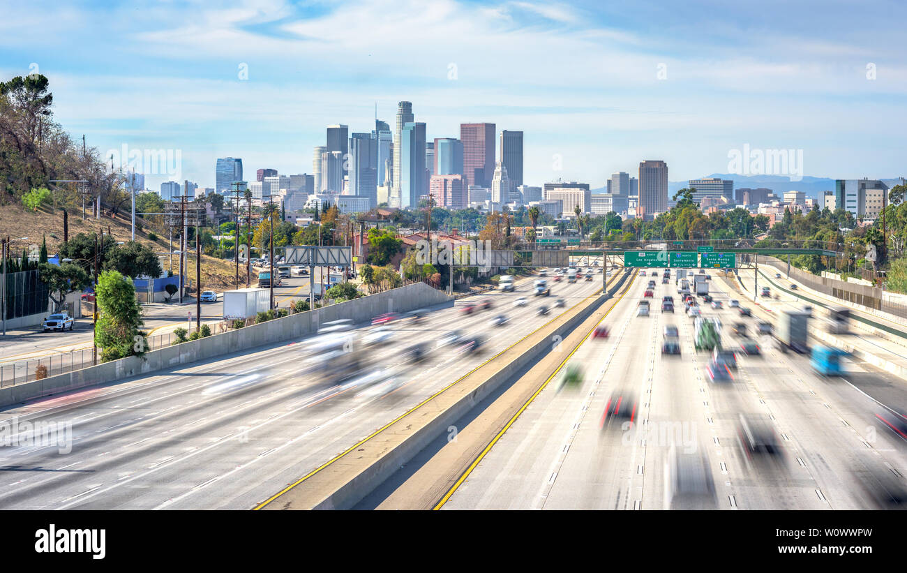 Los Angeles City Freeway Traffic At Sunny Day Stock Photo