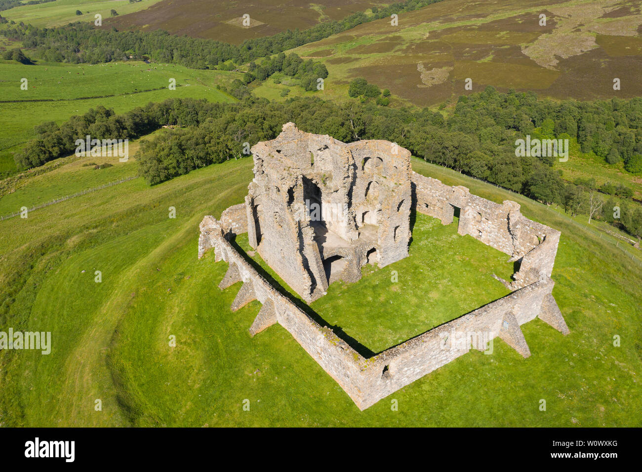 Aerial view of Auchindoun Castle near Dufftown in Banffshire, Scotland. Stock Photo