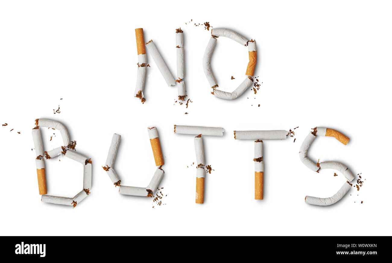 Text ''no butts'' made from broken cigarettes Stock Photo
