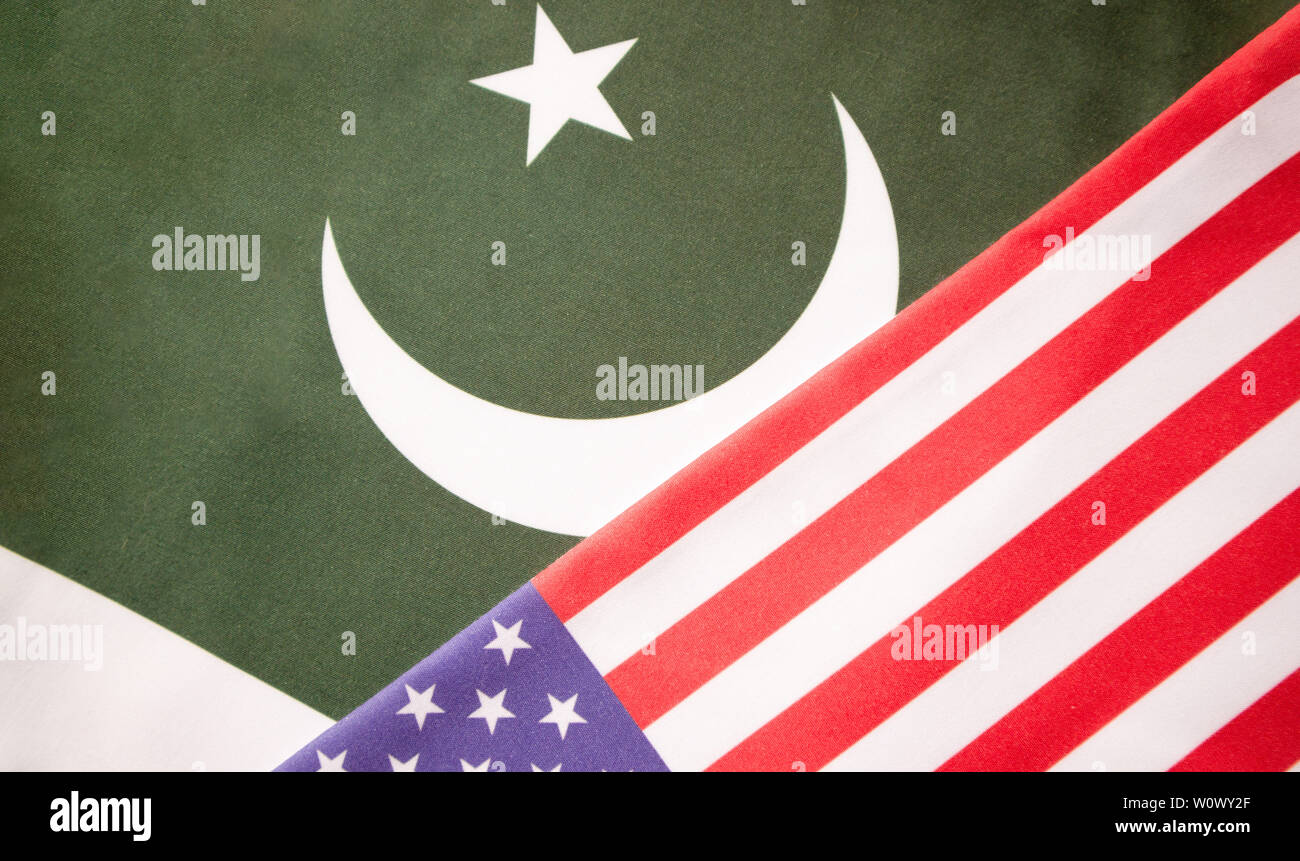 Concept of Bilateral relationship between two countries showing with two flags: United States of America and Pakistan Stock Photo