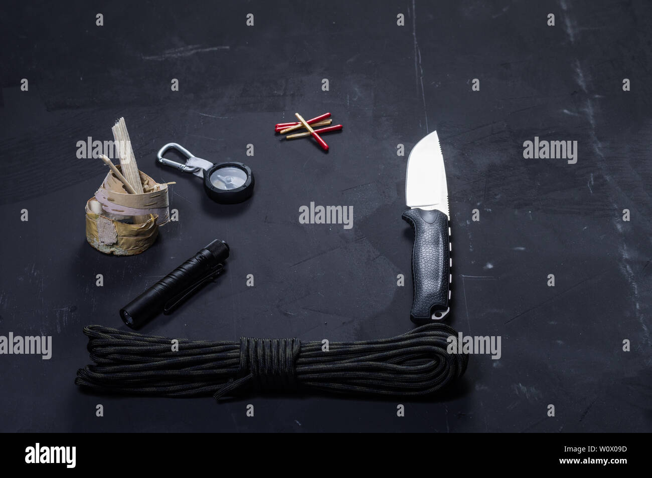 Set for huntsman and hunter. Tools for the tourist and the tramp. View of the composition at an angle. Stock Photo