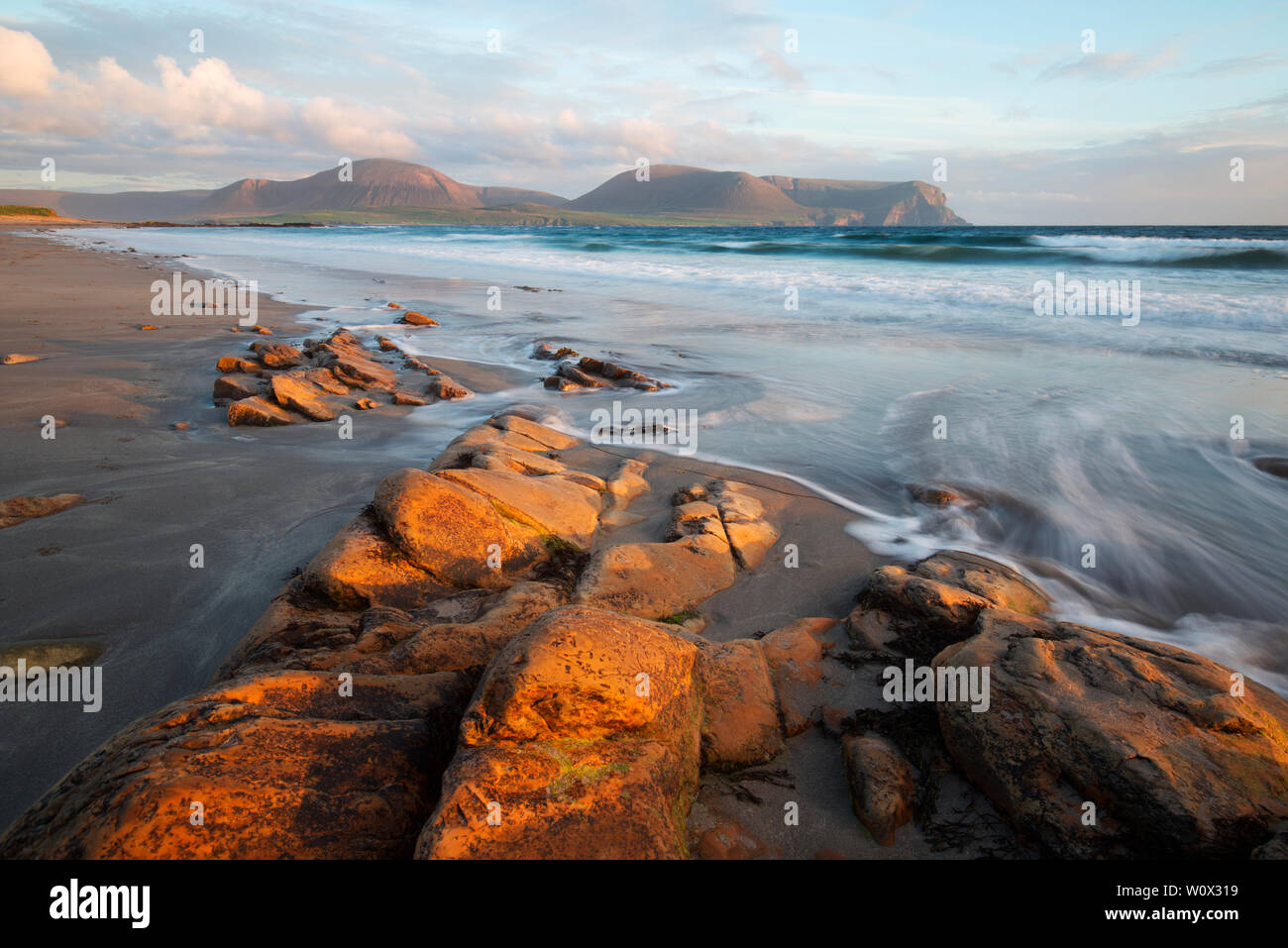 Warebeth Beach at the summer solstice, Orkney Mainland Stock Photo