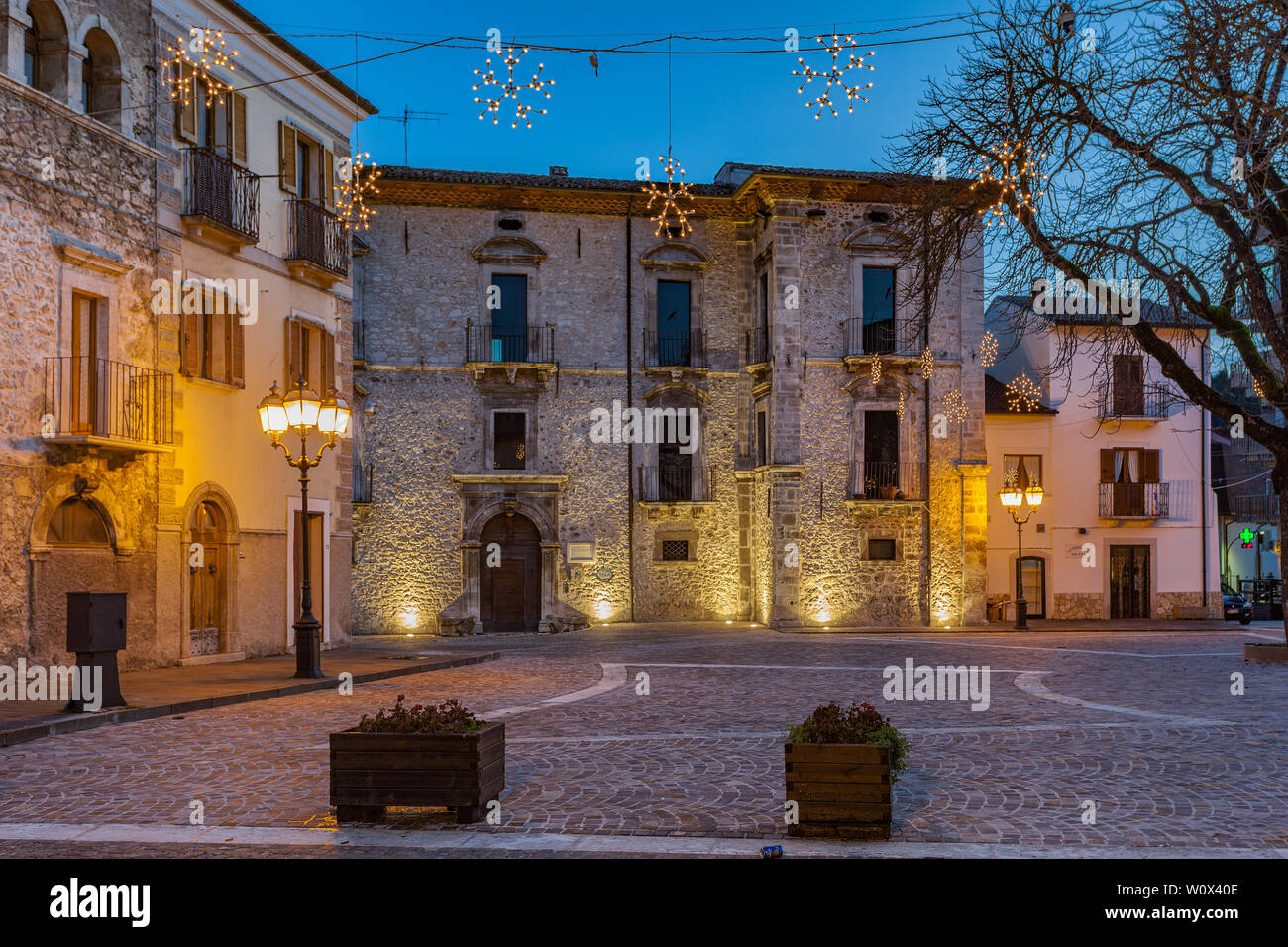 casa Nanni, ancient noble palace in a night vision, Campo di Giove Stock Photo