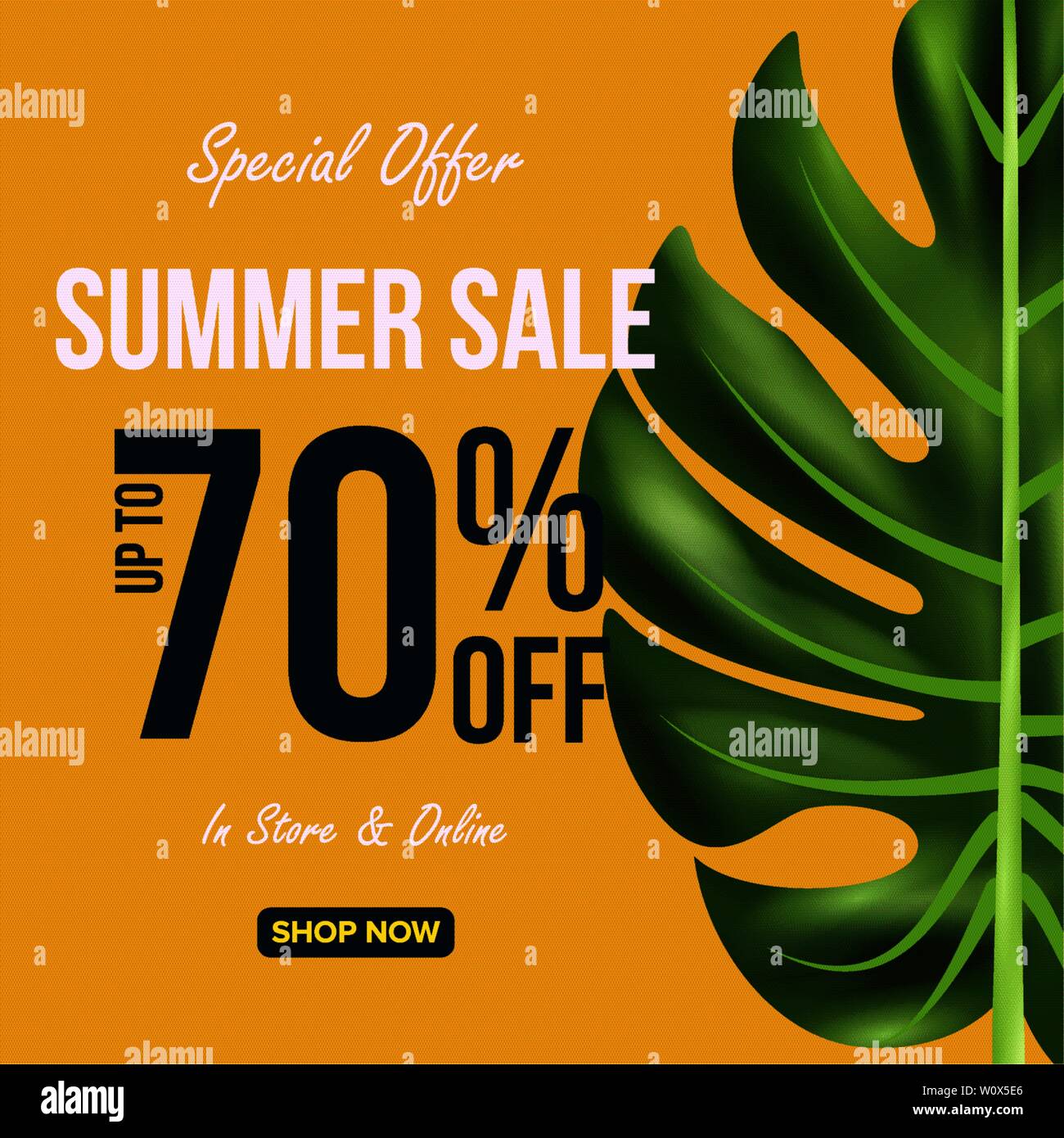 Summer sale banner template, Promo design template for your seasonal promotion. Tropical leaves background. Stock Vector