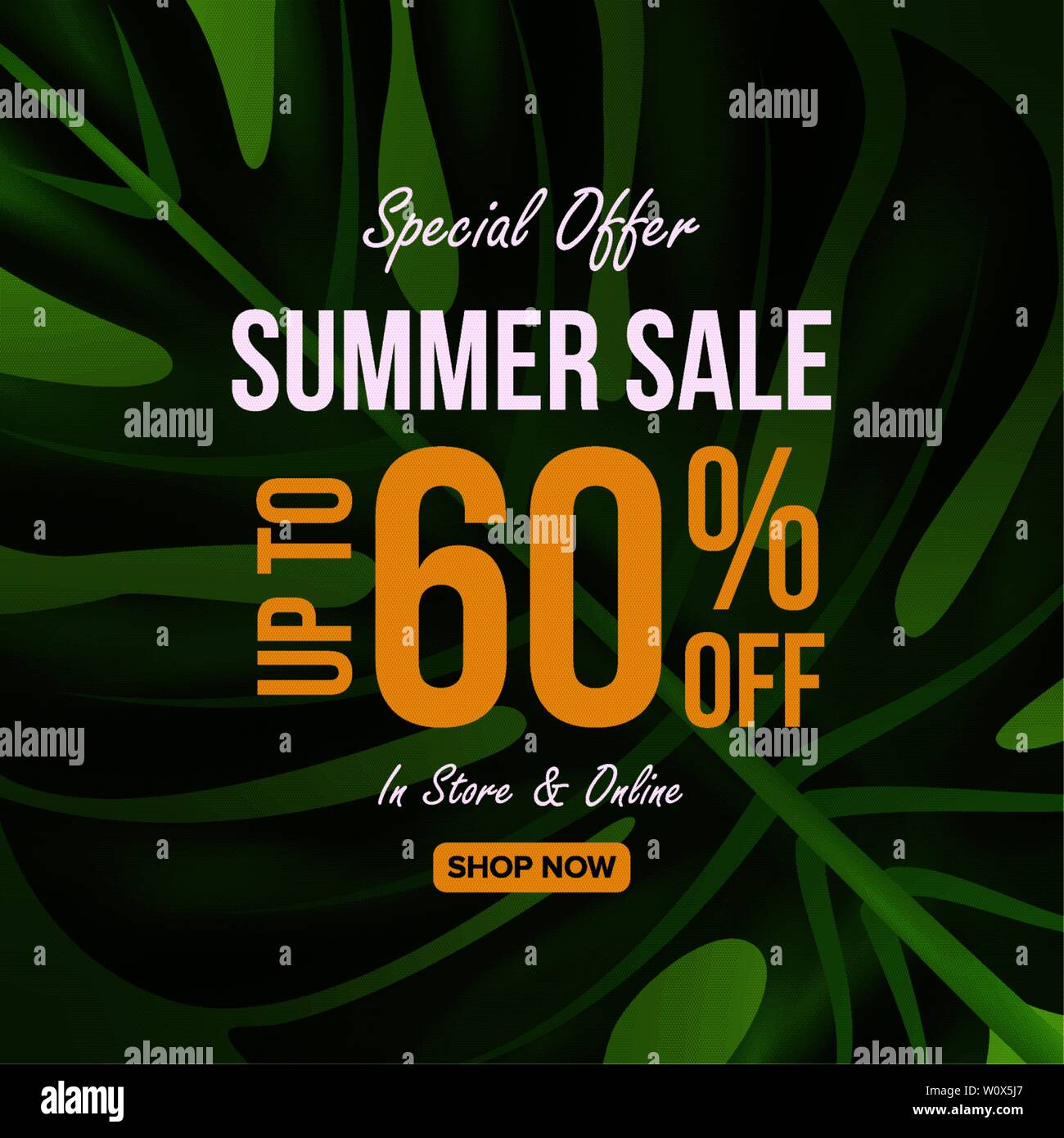 Summer sale banner template, Promo design template for your seasonal promotion. Tropical leaves background. Stock Vector