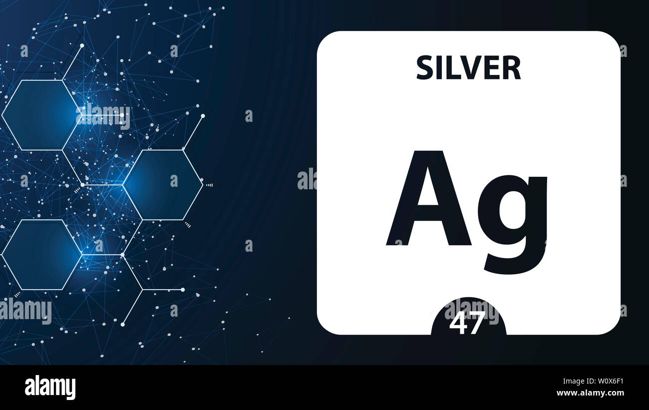 Silver symbol. Sign Silver with atomic number and atomic weight. Ag Chemical element of the periodic table on a glossy white background. Experiments i Stock Photo