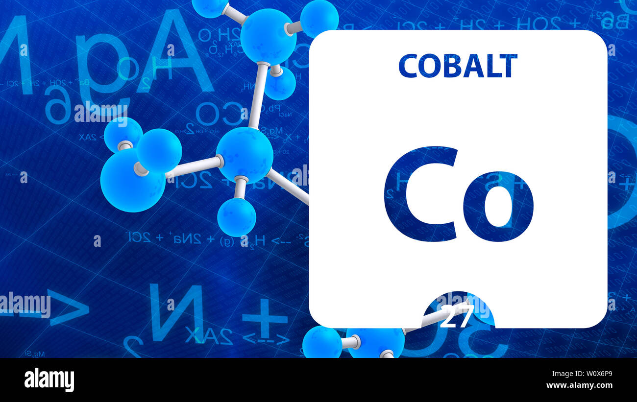 Cobalt Co, chemical element sign. 3D rendering isolated on white background. Cobalt chemical 27 element for science experiments in classroom science c Stock Photo