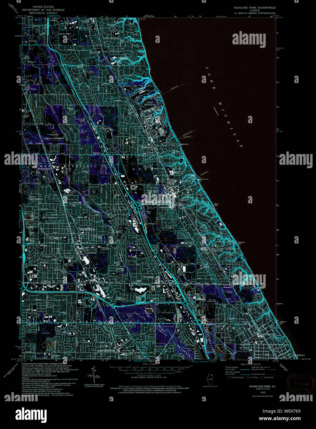 USGS TOPO Map Illinois IL Highland Park 307811 1993 24000 Inverted Restoration Stock Photo