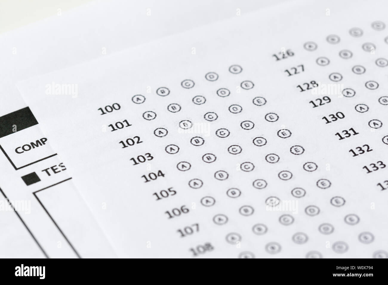 Test score sheet with answers Stock Photo - Alamy