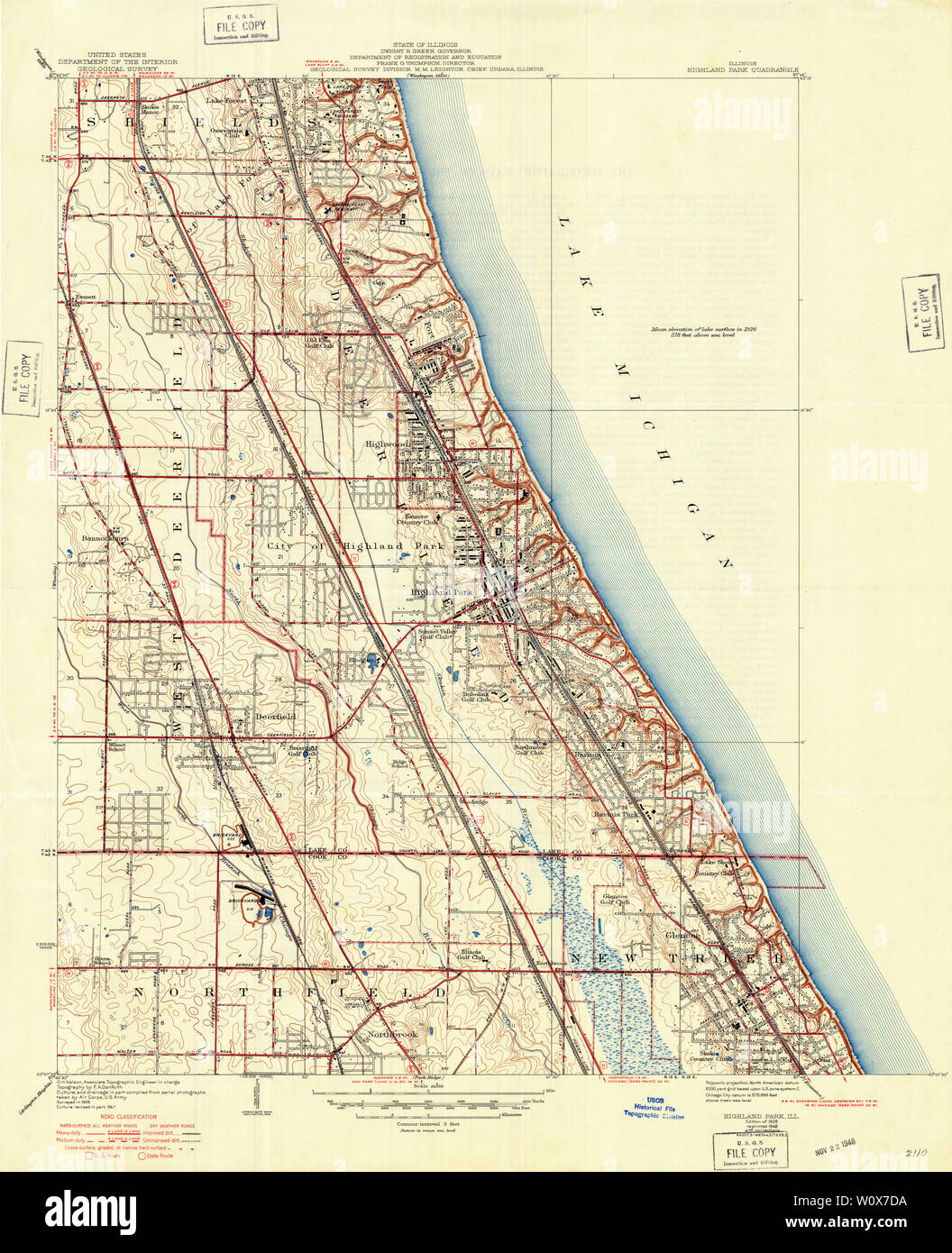 USGS TOPO Map Illinois IL Highland Park 307814 1928 24000 Restoration Stock Photo